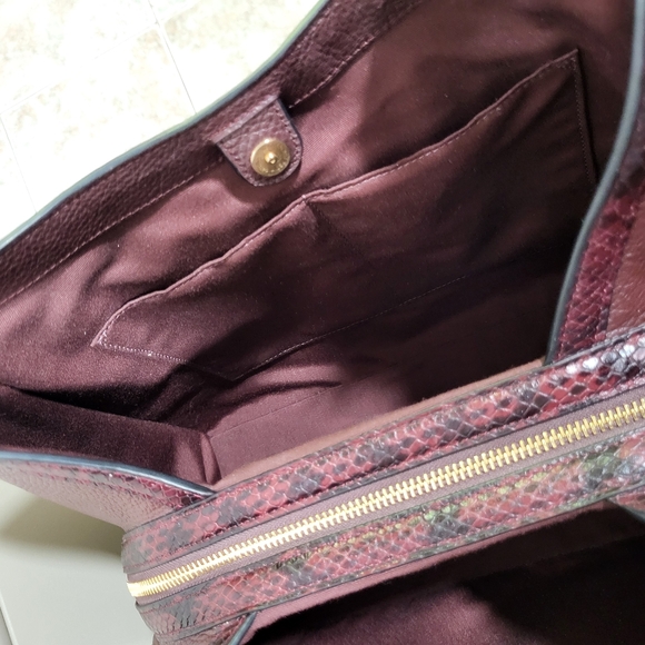 COACH Kristy Shoulder Bag Leather/ Snake-Embossed Brown Crimson Tote #C6830 - Picture 7 of 16